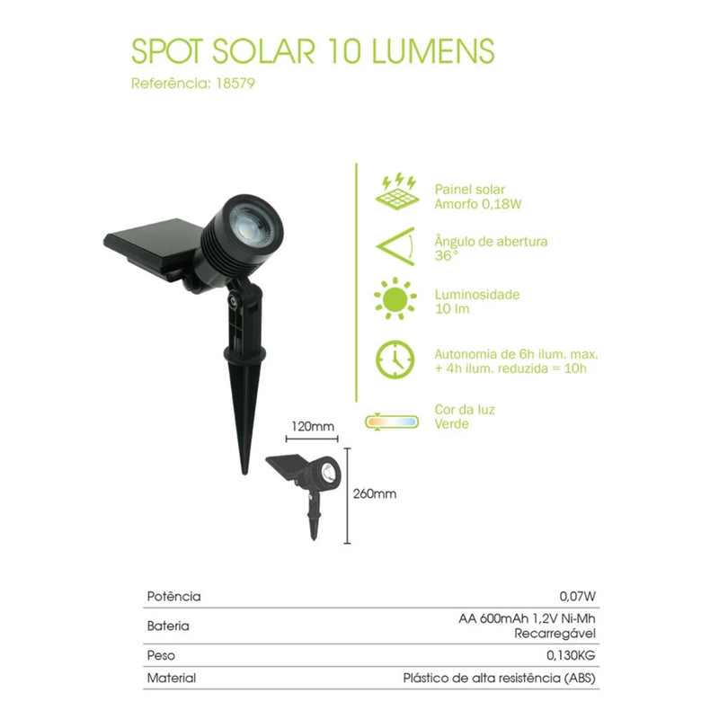 Espeto Refletor Led Spot Solar Externo Jardim Pro 10LM Verde