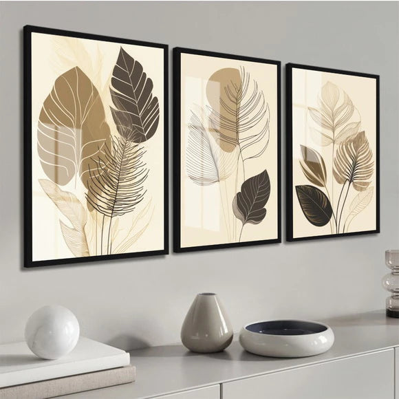 Quadros Decorativo 3 peças 60x40 Mosaico Mdf Alta Resolução Full HD Trio Folhagem Folhas Neutro Moderno